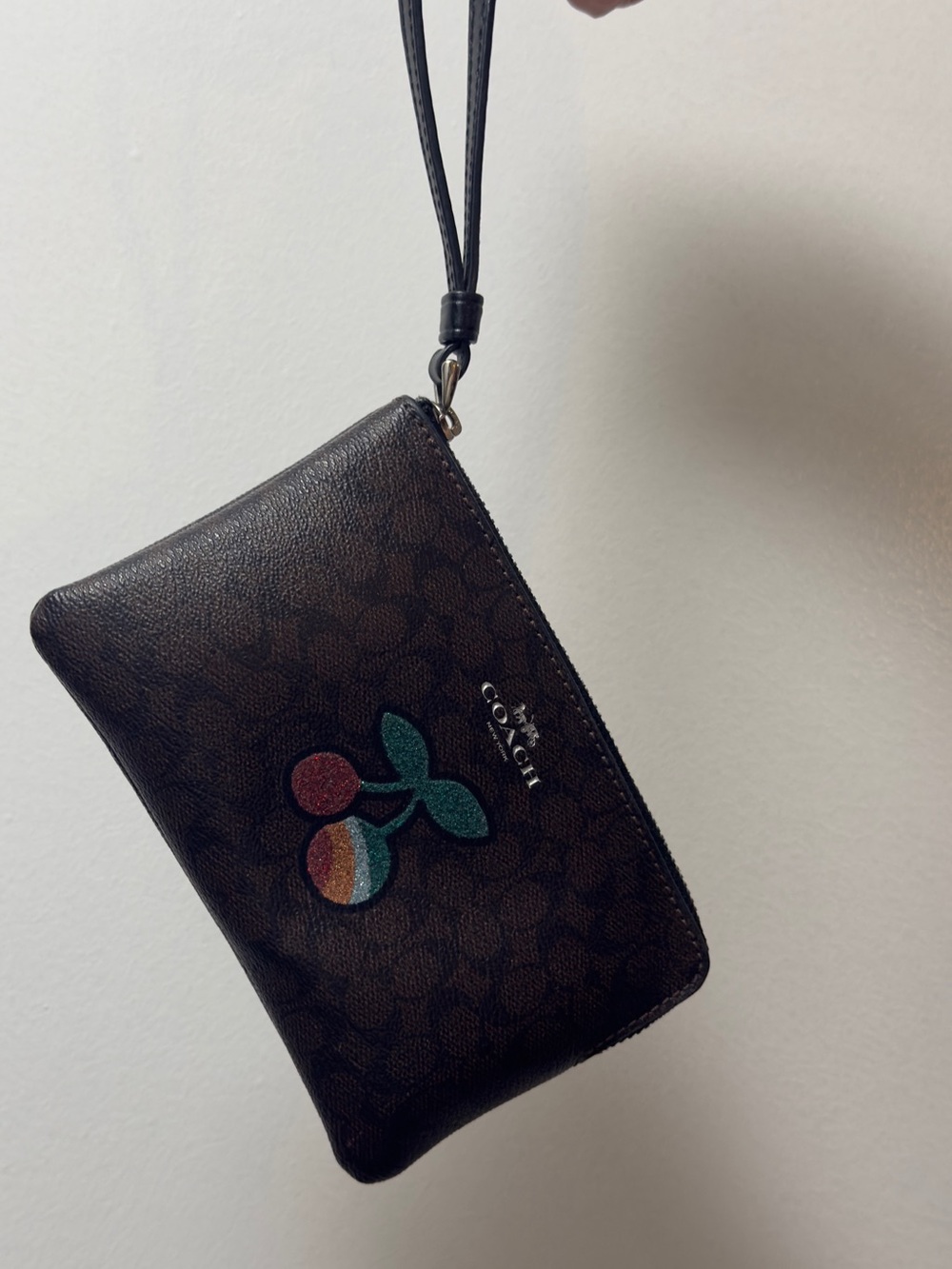 Y2K Coach Dark Brown Signature Wristlet with Multicolor Cherry Patch